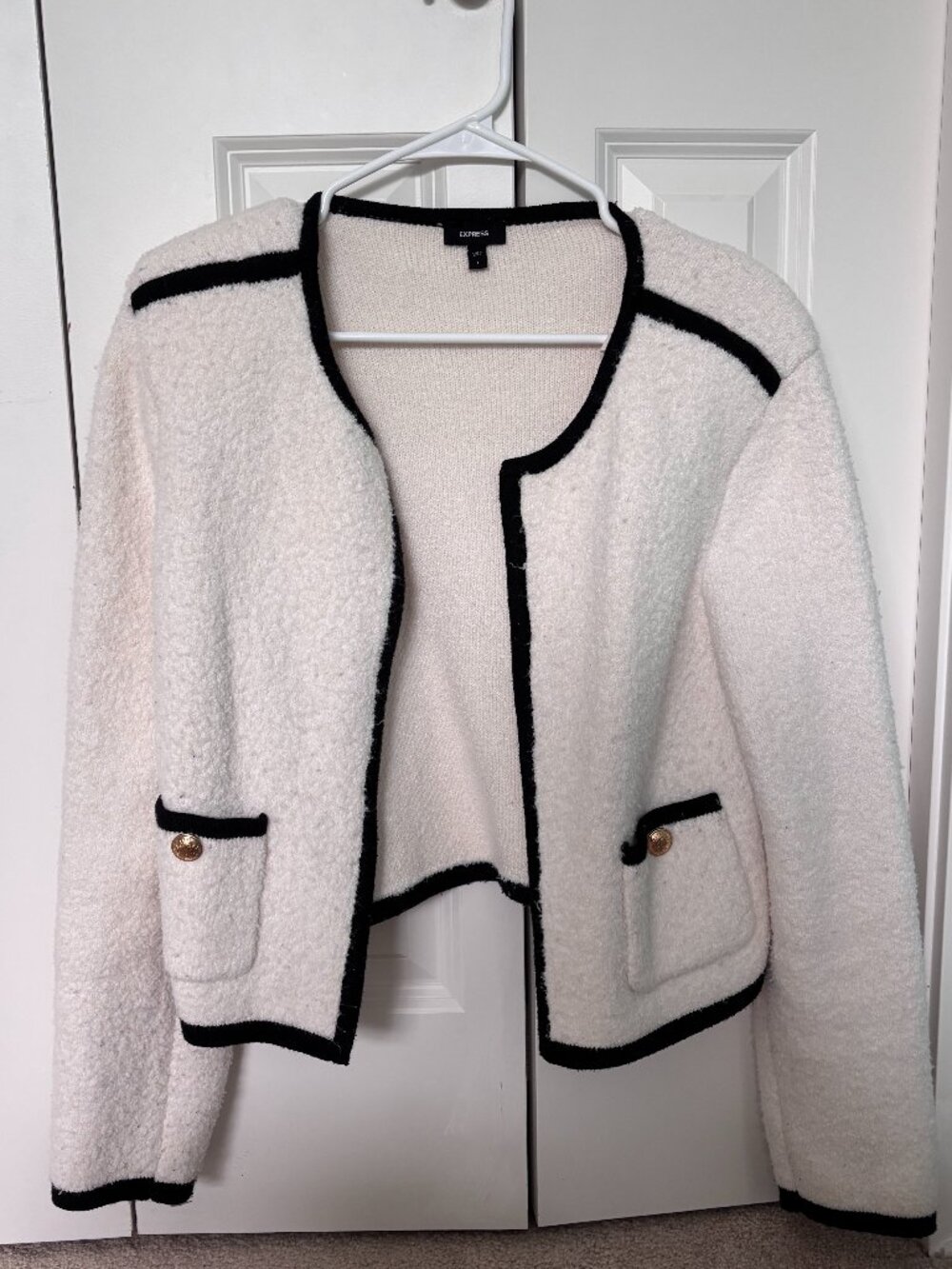 Express Black and White Tipped Novelty Gold Button Sweater Jacket Size L Large